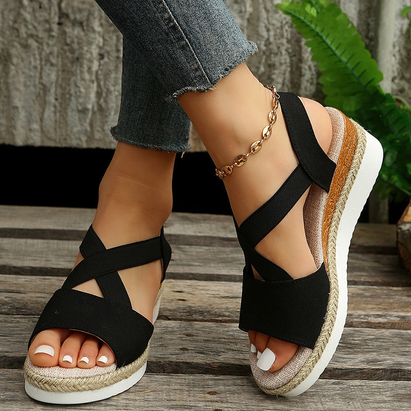 Eveloria Damen Keilsandalen Plateau Gladiator Leder