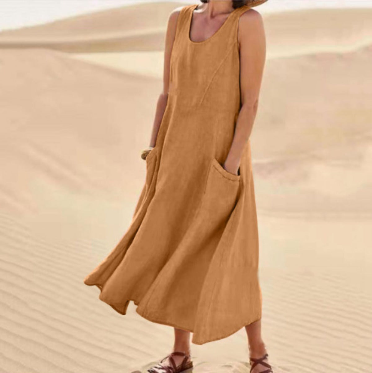 Eveloria Damen Ärmelloses Kleid Baumwolle Rundhalsausschnitt