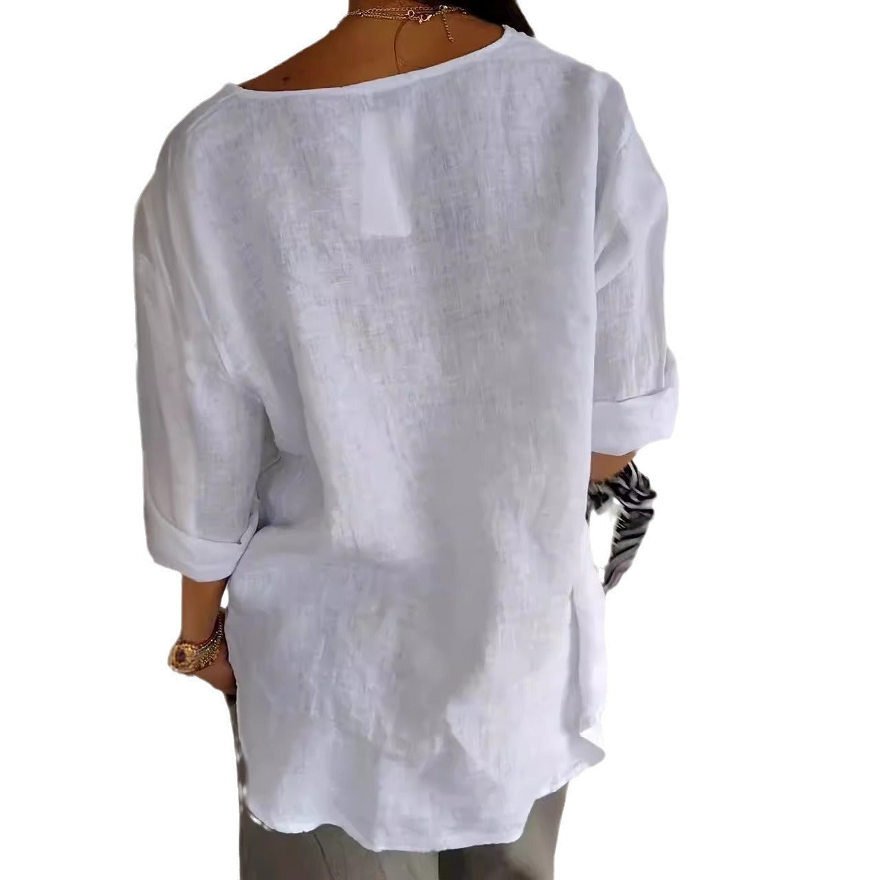 Damen Baumwoll T-Shirt V-Ausschnitt mit Knöpfen Leicht Beige