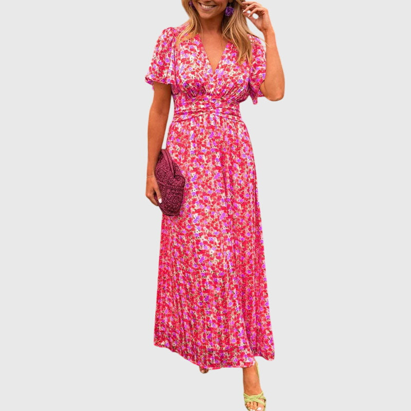 Damen Maxikleid Blumenmuster Kurzärmel
