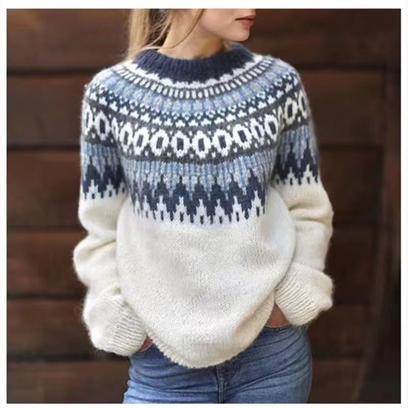 Damen Norwegerpullover Rundhals Warm Merino Wolle Beige - Eveloria