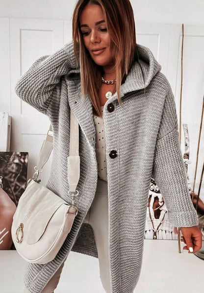 Damen Strickjacke Lang mit Kapuze und Knöpfen Grau