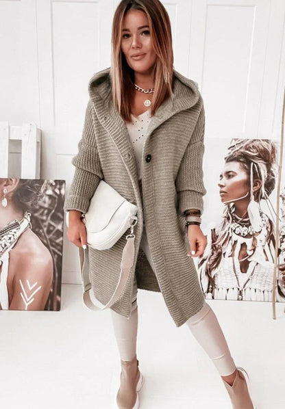 Damen Strickjacke Lang mit Kapuze und Knöpfen Grau