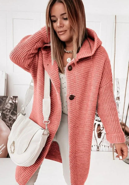 Damen Strickjacke Lang mit Kapuze und Knöpfen Grau