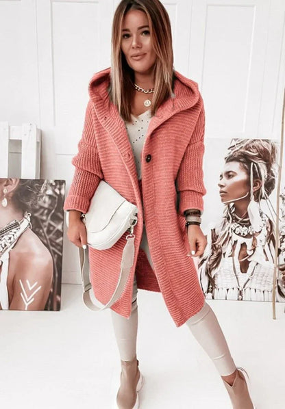 Damen Strickjacke Lang mit Kapuze und Knöpfen Grau