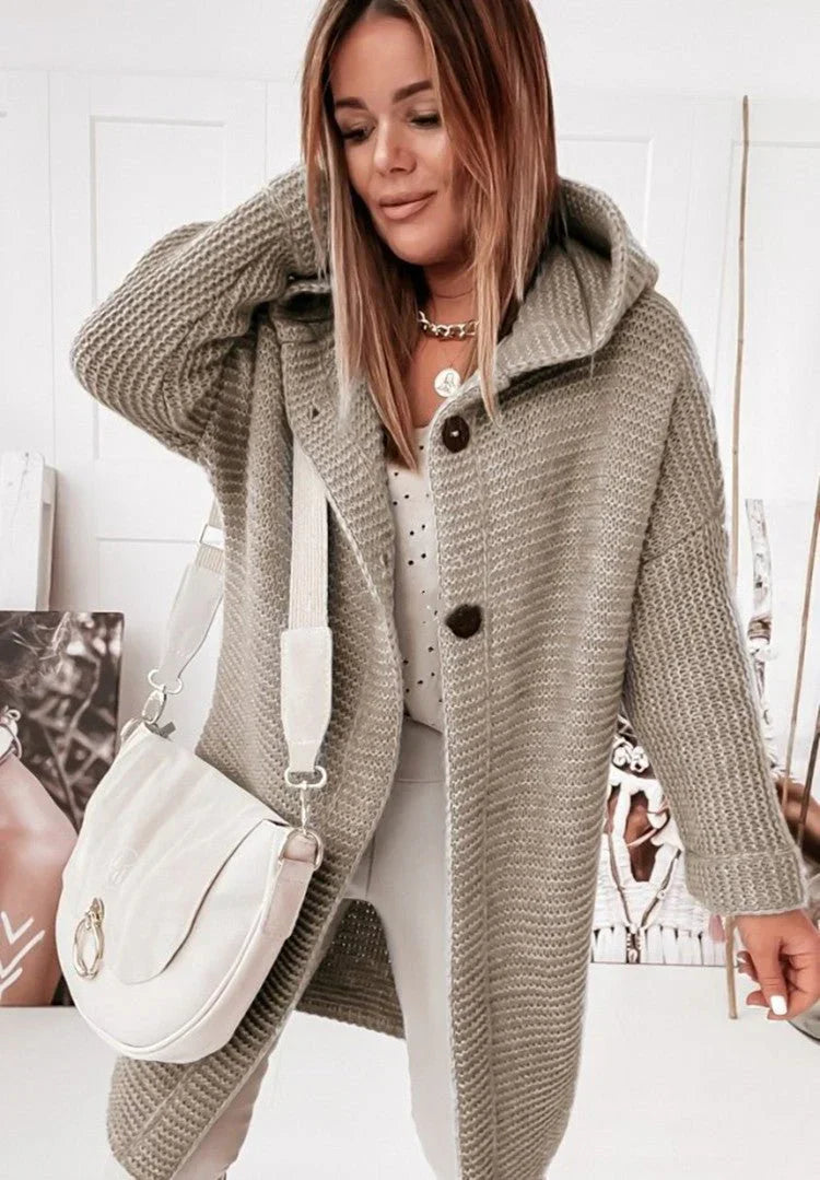 Damen Strickjacke Lang mit Kapuze und Knöpfen Grau