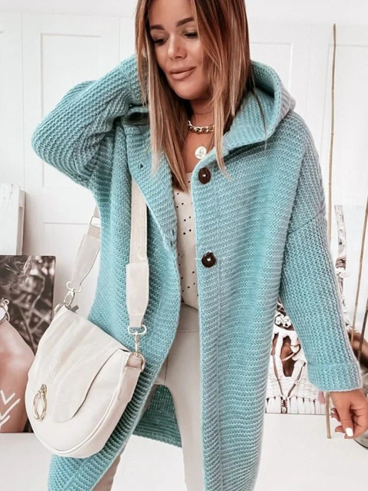 Damen Strickjacke Lang mit Kapuze und Knöpfen Grau