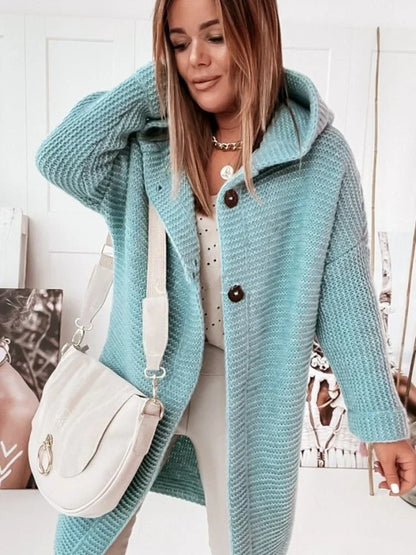 Damen Strickjacke Lang mit Kapuze und Knöpfen Grau