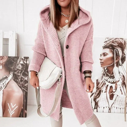 Damen Strickjacke Lang mit Kapuze und Knöpfen Grau - Eveloria
