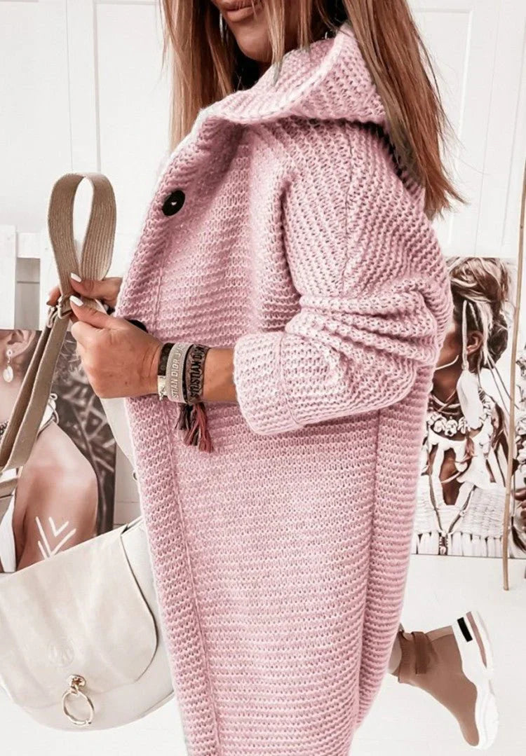 Damen Strickjacke Lang mit Kapuze und Knöpfen Grau