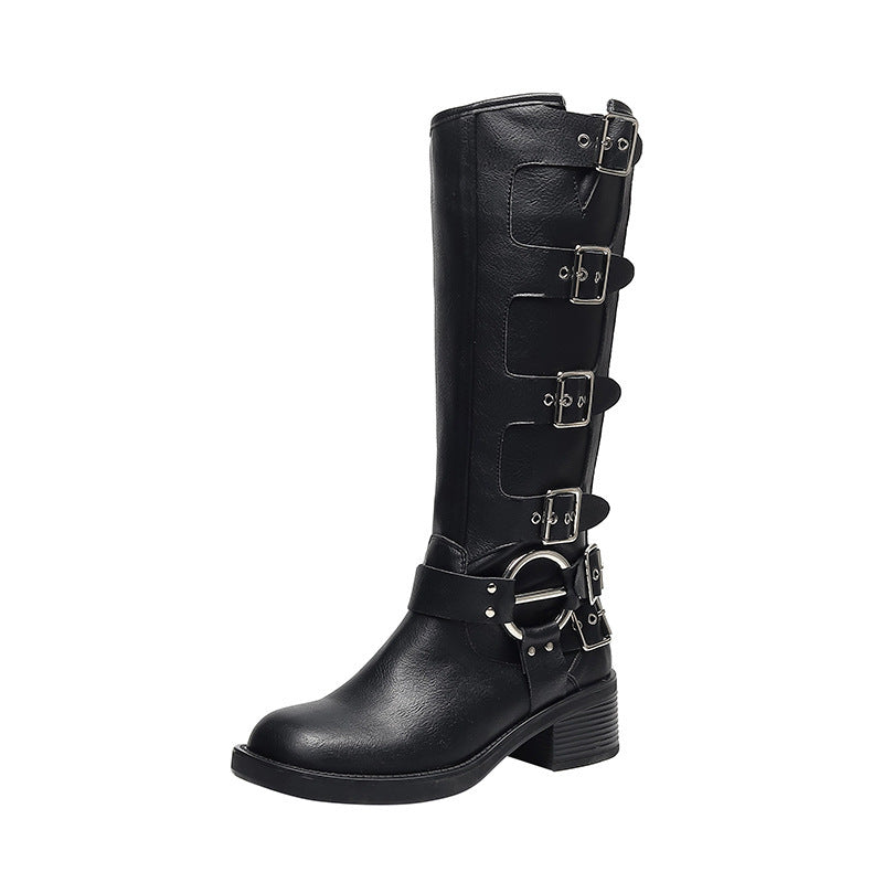 Damen Stiefel Chunky Absatz Schnalle