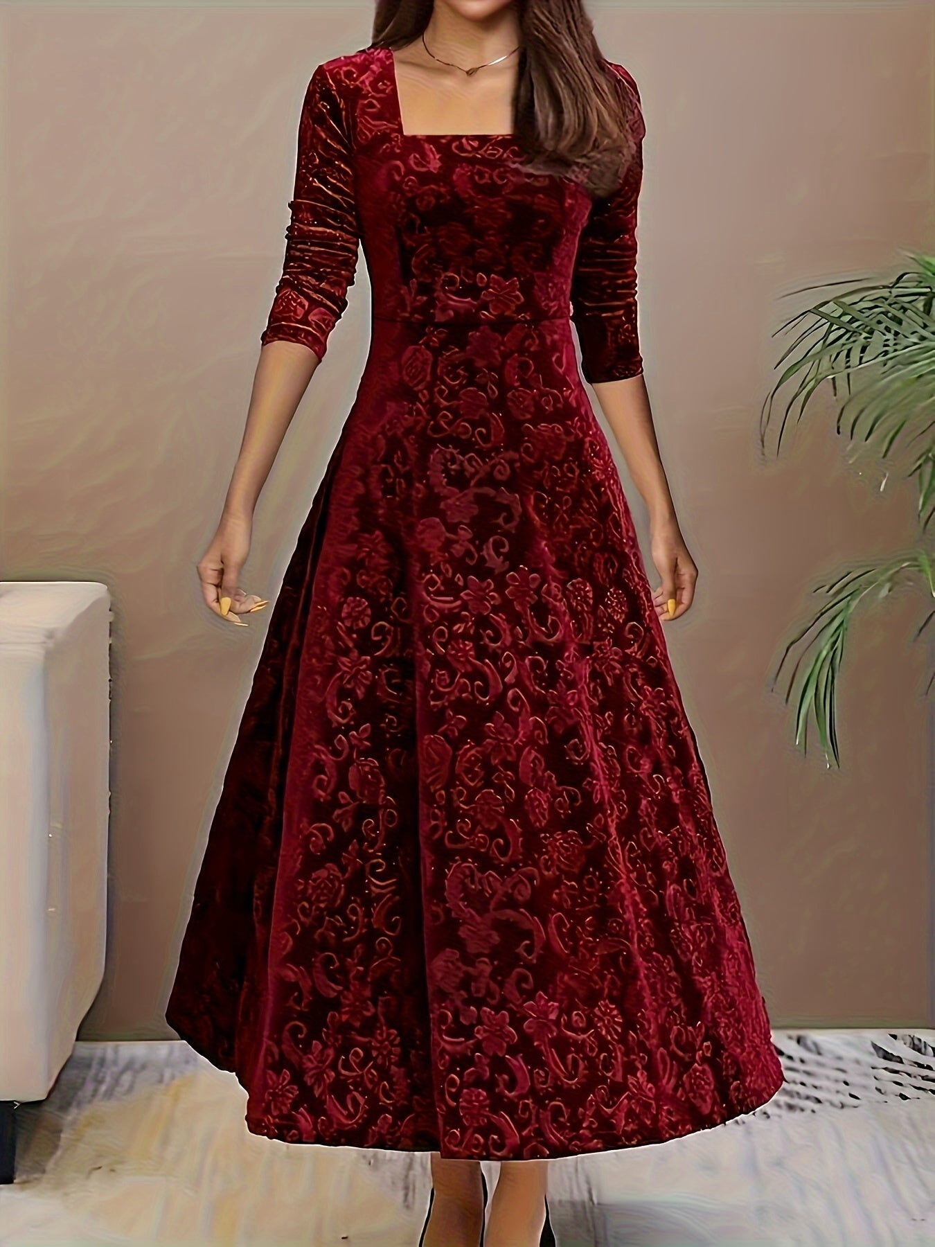 Damen Samt-Kleid Floralmuster Formell Schwarz - Eveloria