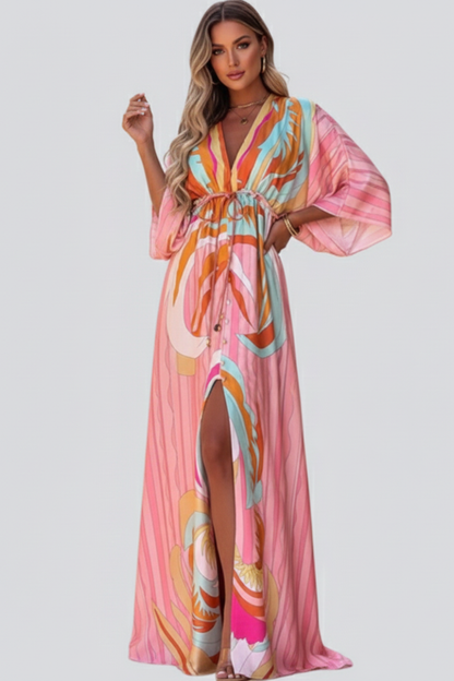Damen Maxikleid V-Ausschnitt Gürtel