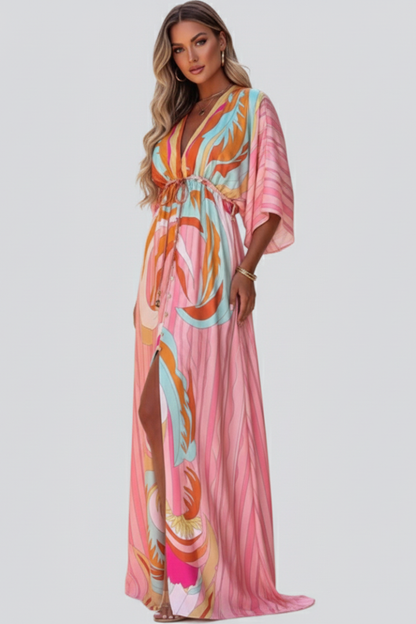 Damen Maxikleid V-Ausschnitt Gürtel
