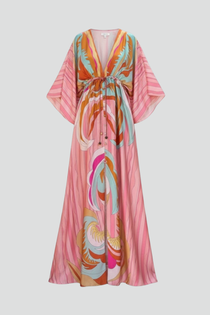 Damen Maxikleid V-Ausschnitt Gürtel Schwarz - Eveloria