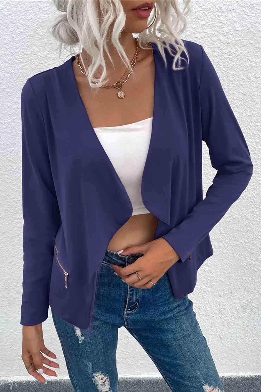 Damen Cardigan Offener Reißverschluss Taschen Kaschmir Beige