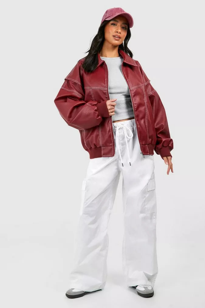 Damen Oversized Jacke Reißverschluss Roter Kragen - Eveloria