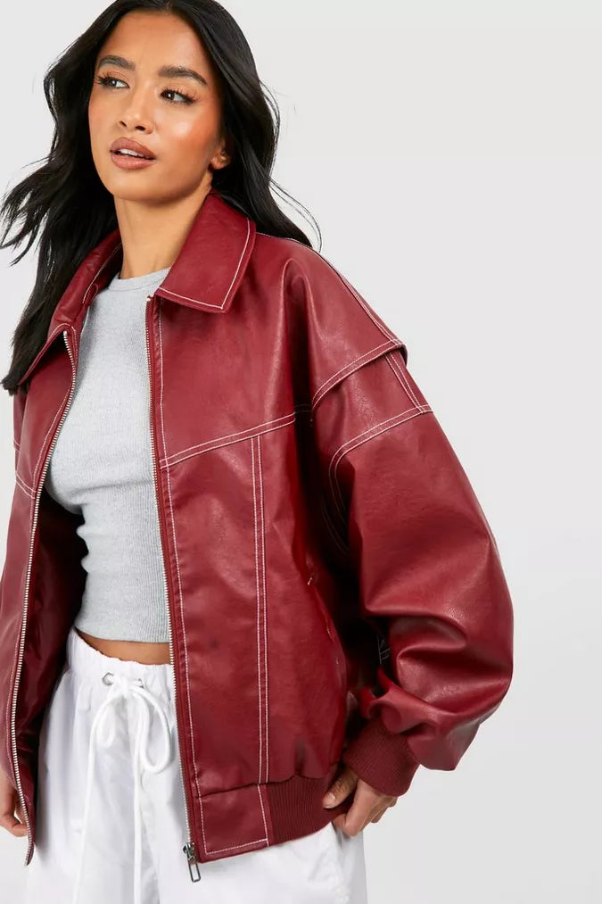 Damen Oversized Jacke Reißverschluss Roter Kragen