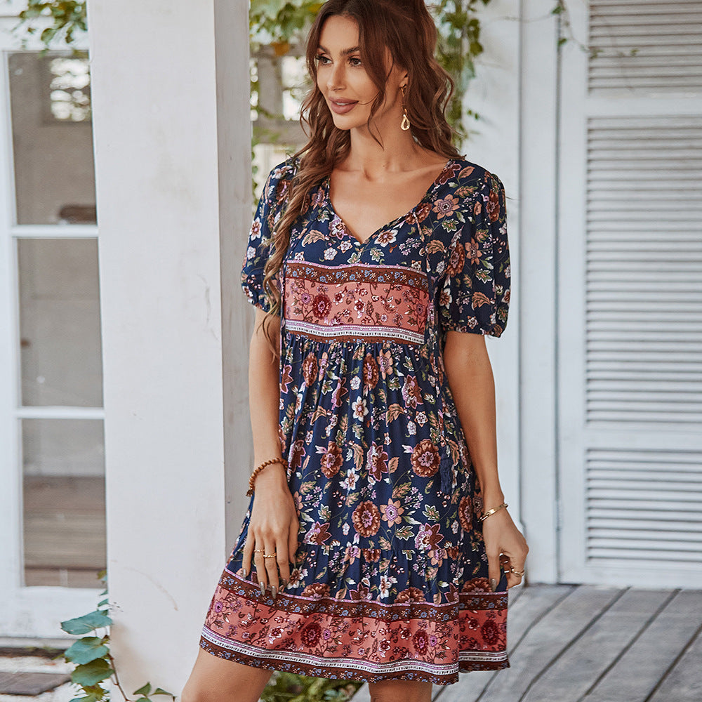 Damen Sommerkleid Blumenmuster V-Ausschnitt Puffärmel Leicht
