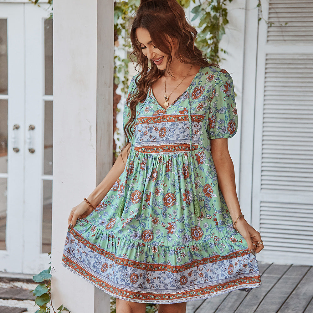 Damen Sommerkleid Blumenmuster V-Ausschnitt Puffärmel Leicht