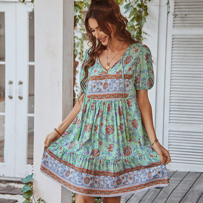 Damen Sommerkleid Blumenmuster V-Ausschnitt Puffärmel Leicht