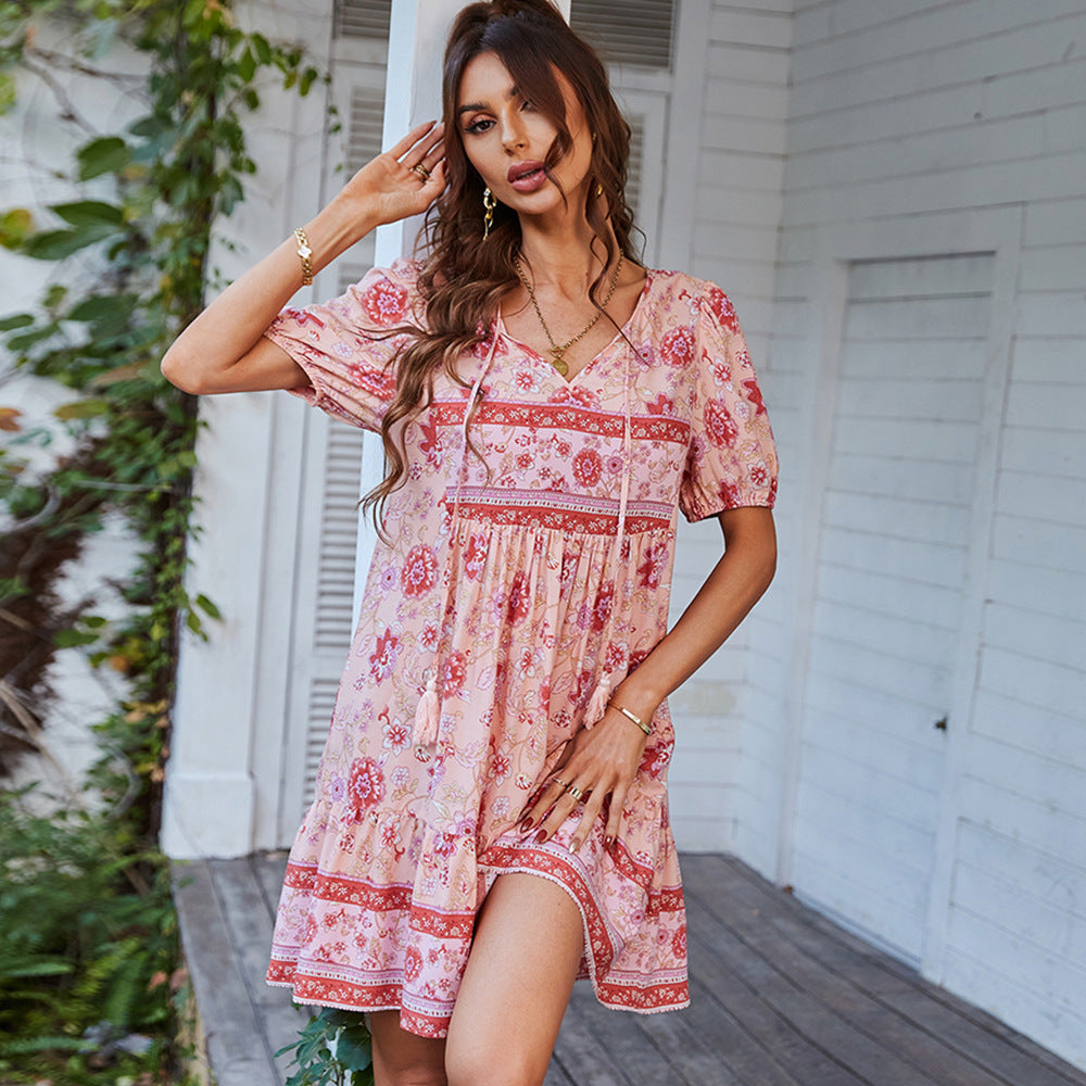 Damen Sommerkleid Blumenmuster V-Ausschnitt Puffärmel Leicht - Eveloria