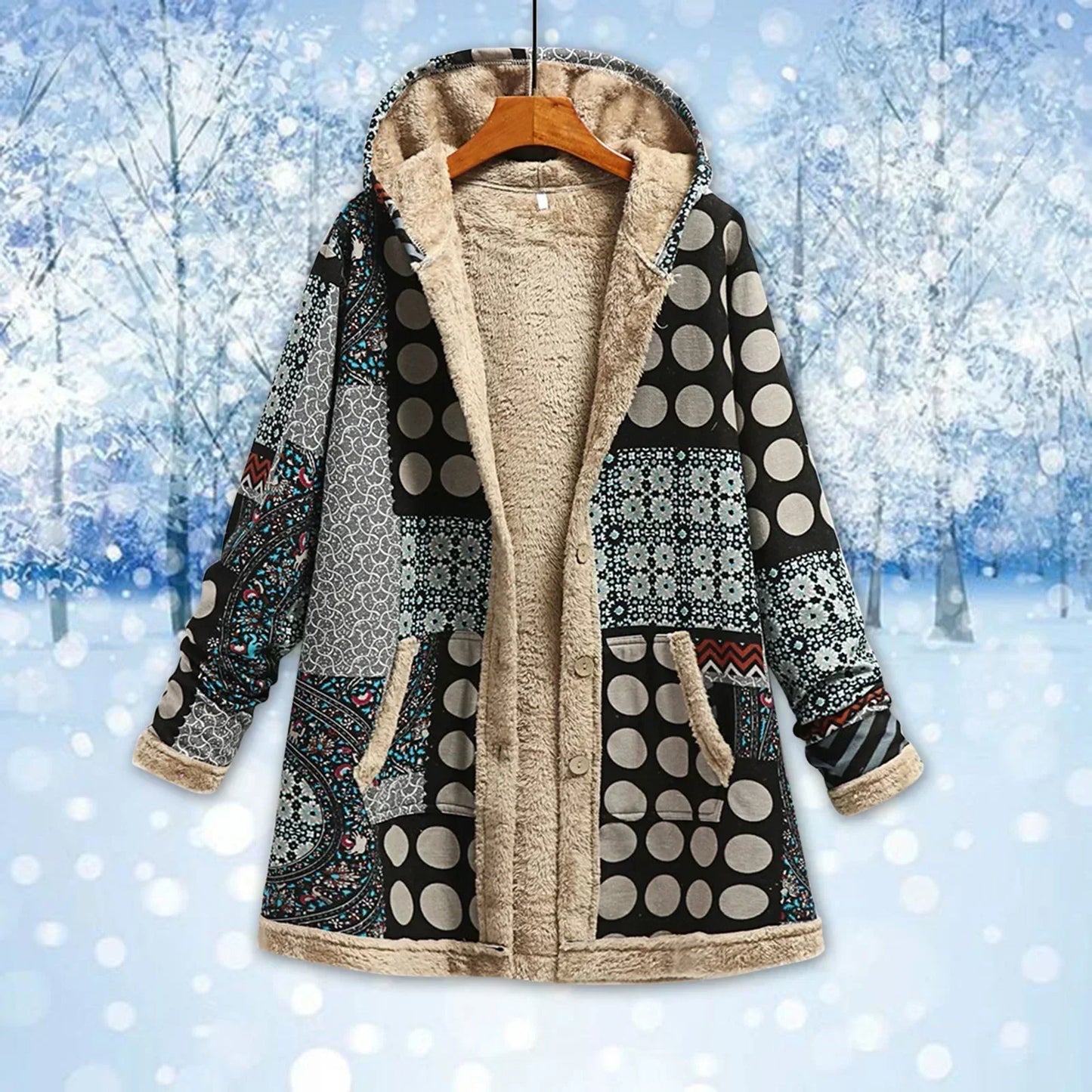 Damen Patchwork Jacke mit Kapuze Fleece