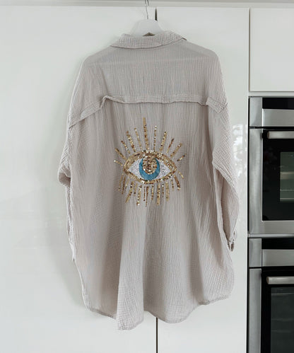 Eveloria Damen Oversize Bluse aus Musselin mit Glitzer und Auge Beige