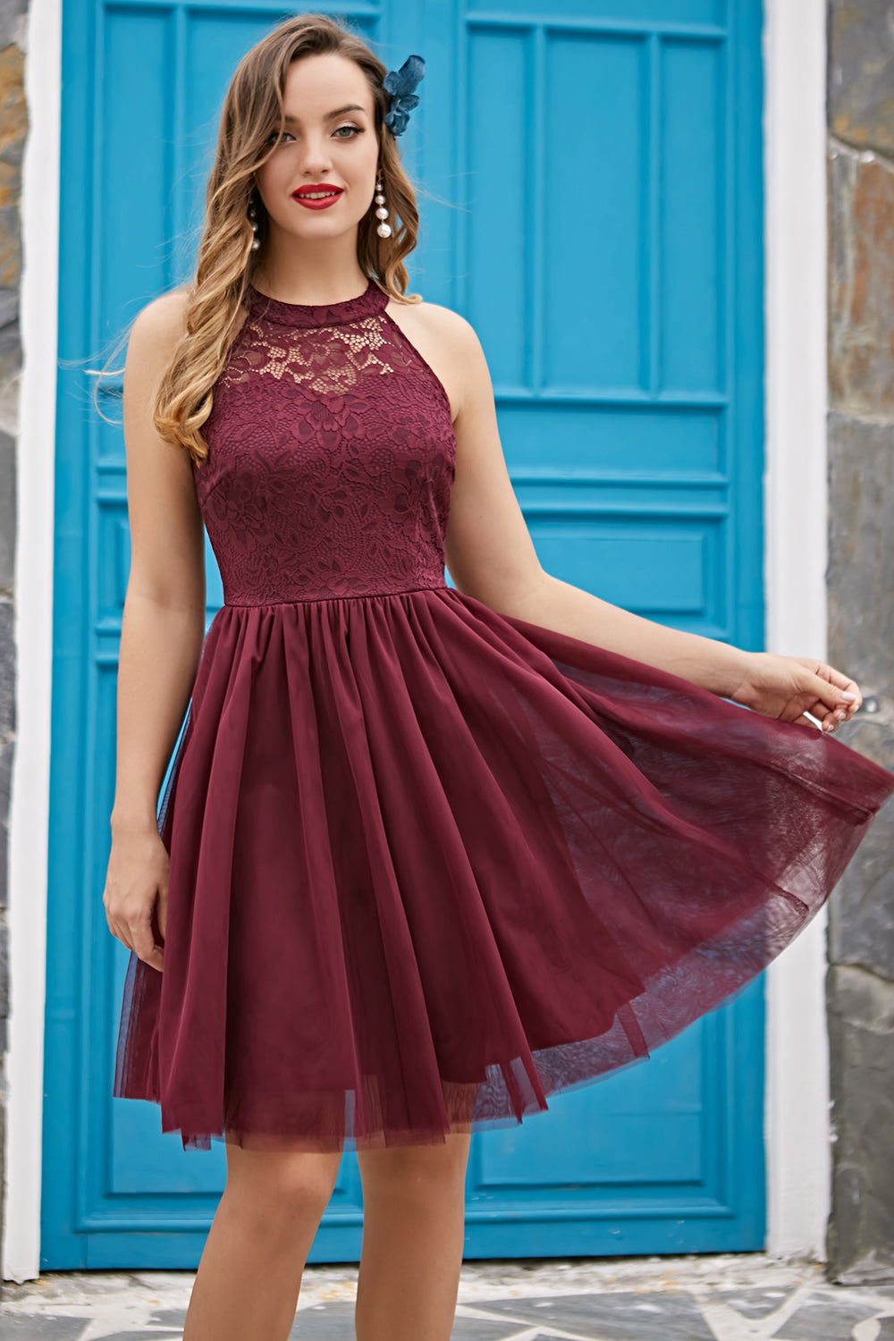 Eveloria Damen Konfirmationskleid Halsband-Design Burgunder