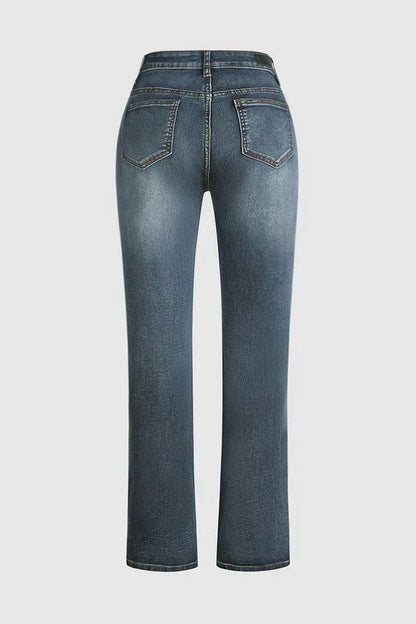 Eveloria Damen Mittel Taille Jeans Flamingo Bestickt