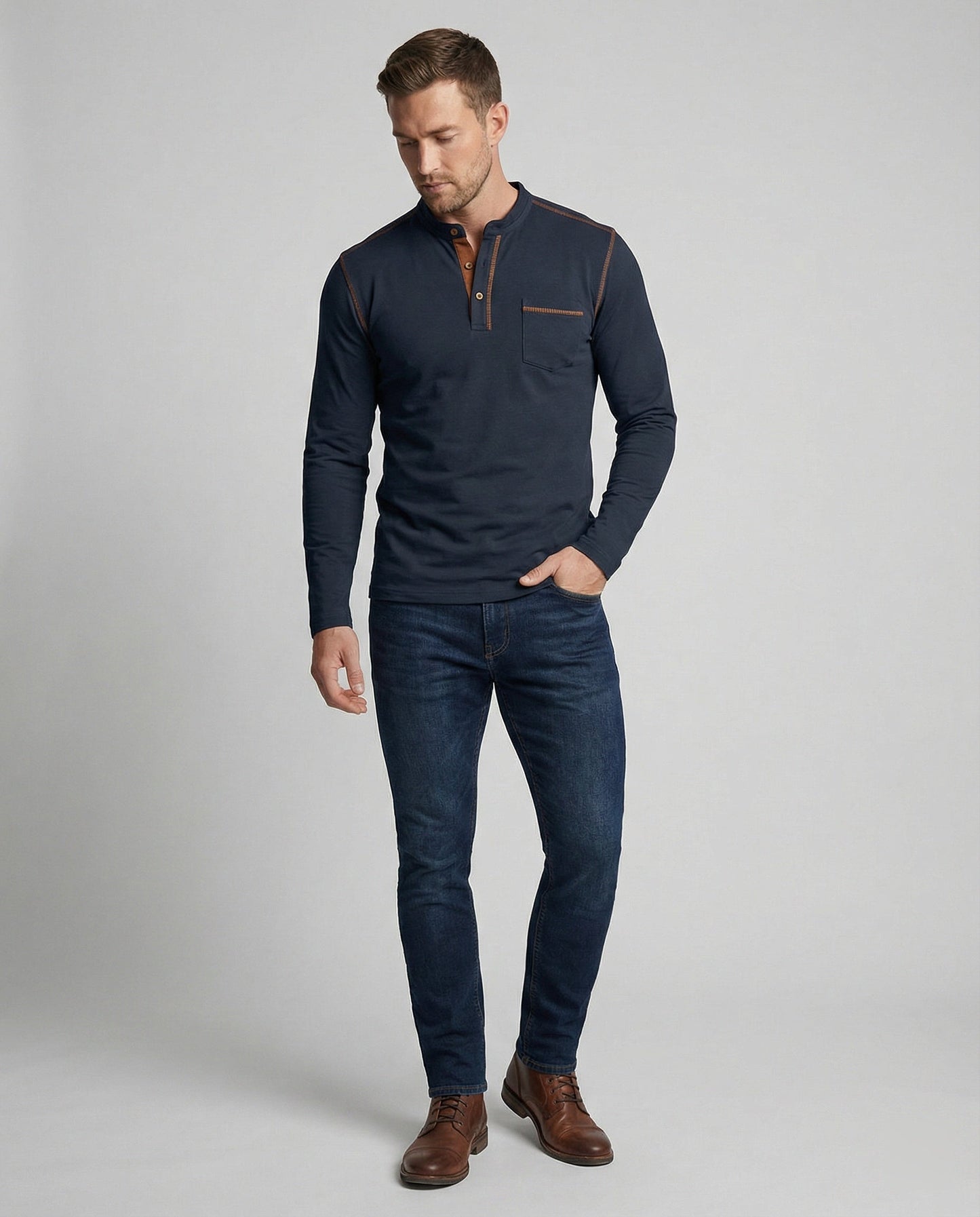 Herren Langarm Henley Hemd