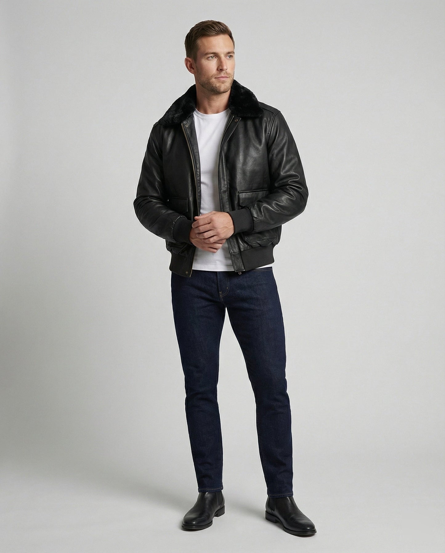 Herren Lederjacke Pilotenstil Teddykragen