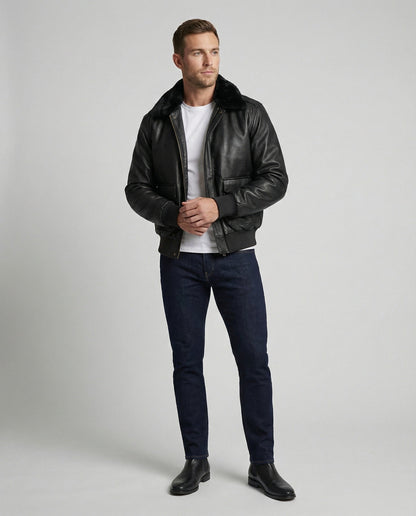 Herren Lederjacke Pilotenstil Teddykragen