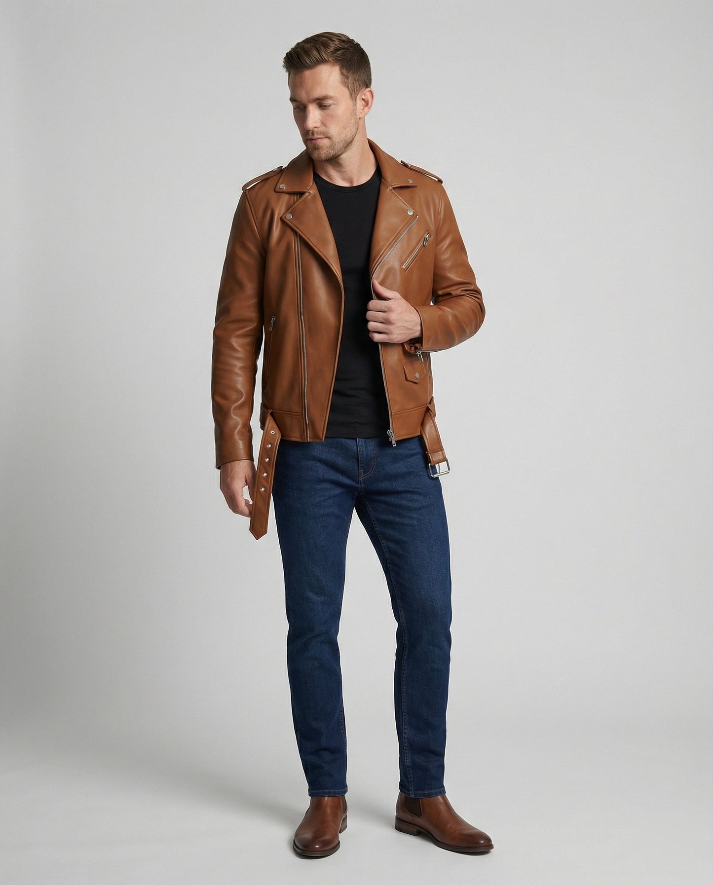 Herren Bikerjacke Kunstleder Tailliert