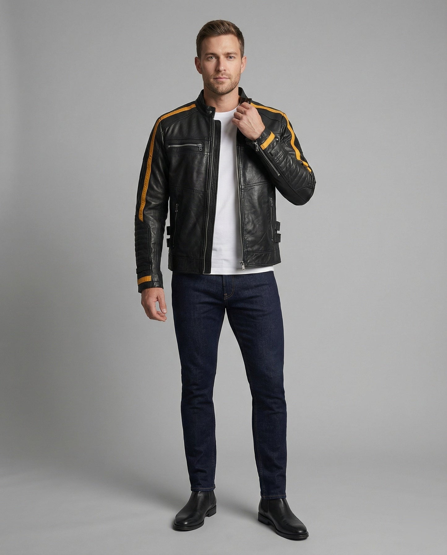 Herren Lederjacke Stehkragen Motorrad