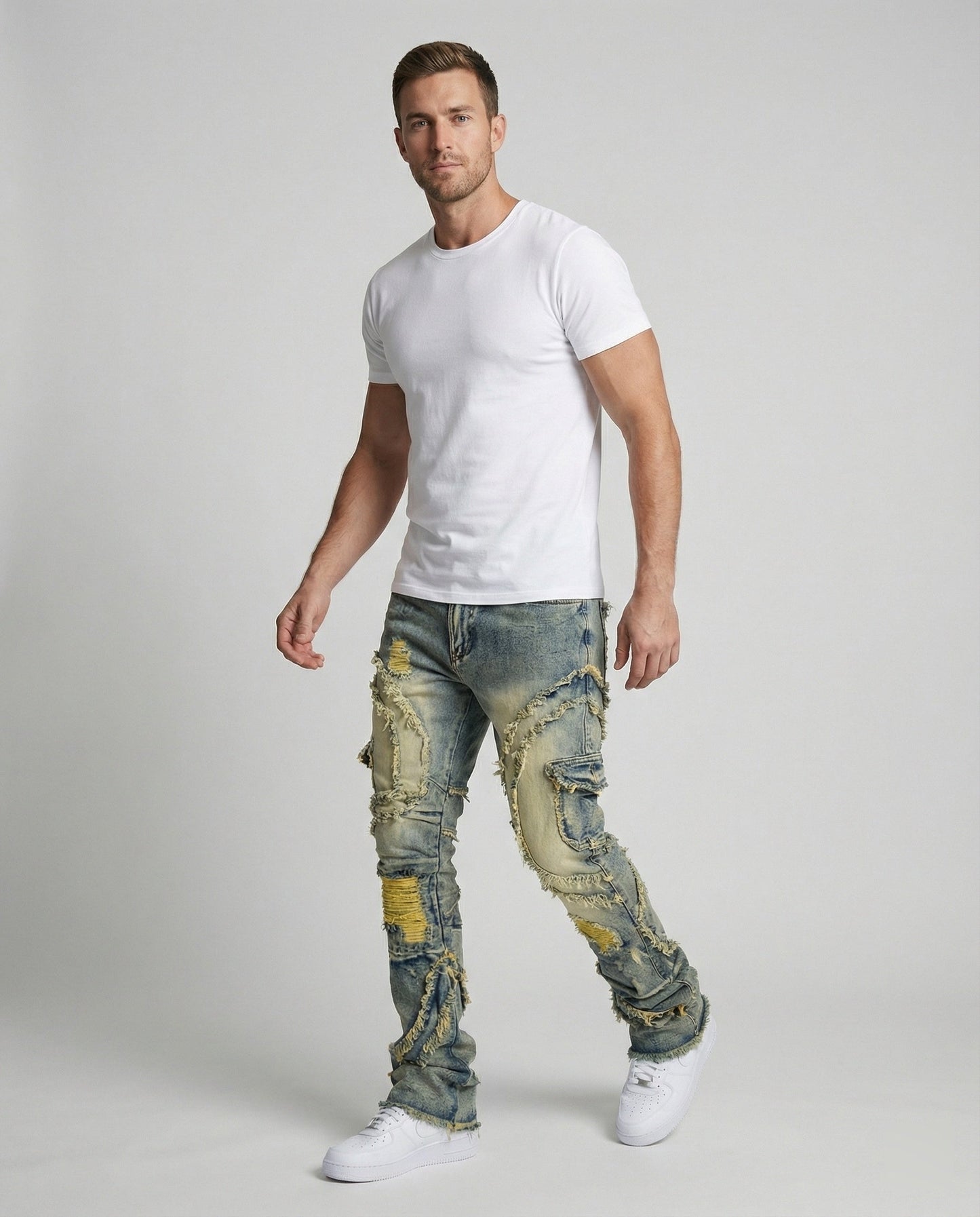 Herren Destroyed Jeans Cargotaschen Blau