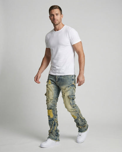 Herren Destroyed Jeans Cargotaschen Blau