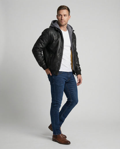 Herren Lederjacke Mit Kapuze