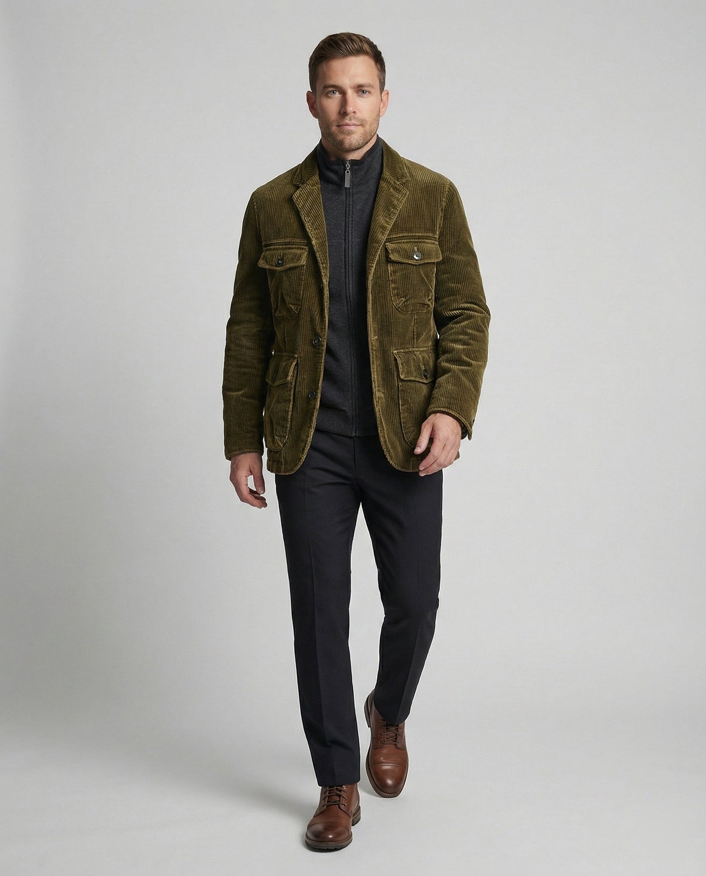 Herren Cordjacke Multifunktionale Taschen Moderner Schnitt Braun