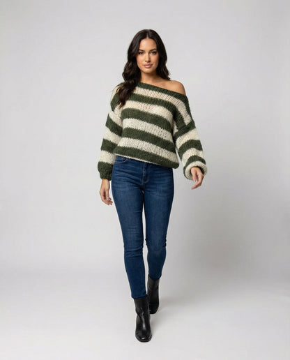Damen Oversize Pullover Streifen Acryl Grau - Eveloria