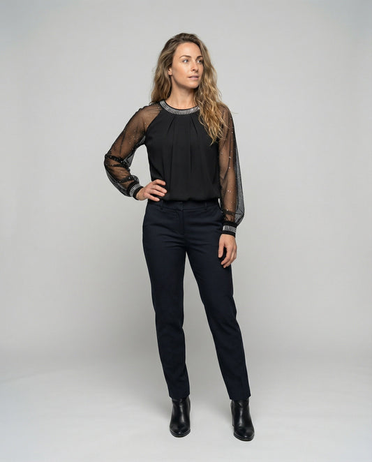 Damen Langarmbluse Schwarz Festlich - Eveloria