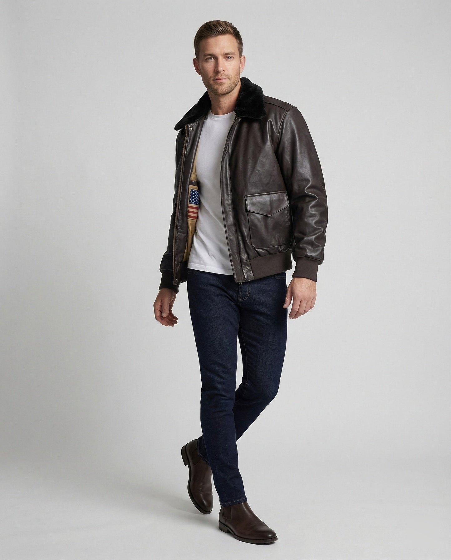 Herren Lederjacke Kunstpelz Futter