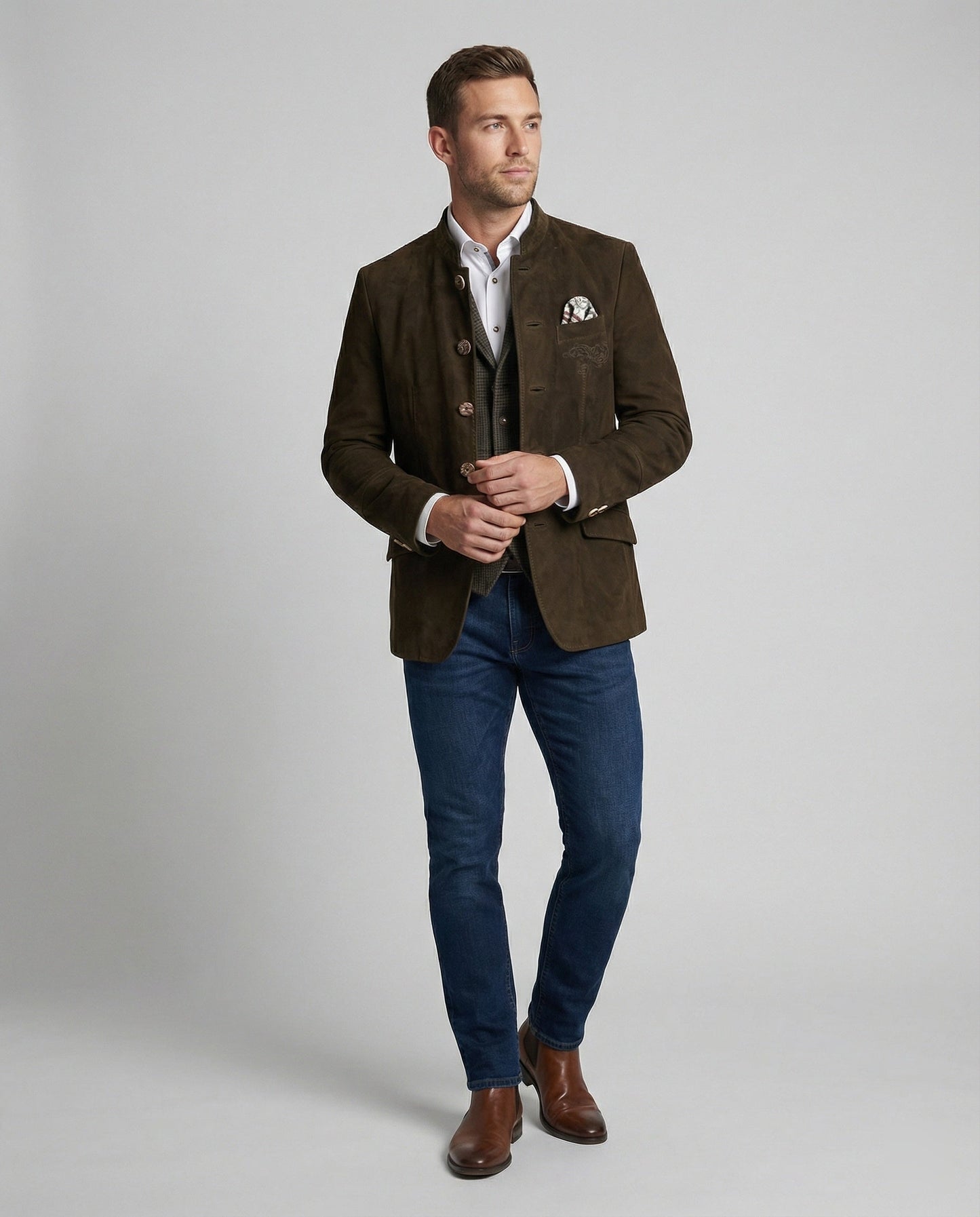 Herren Suedlederjacke Zierknöpfe Braun