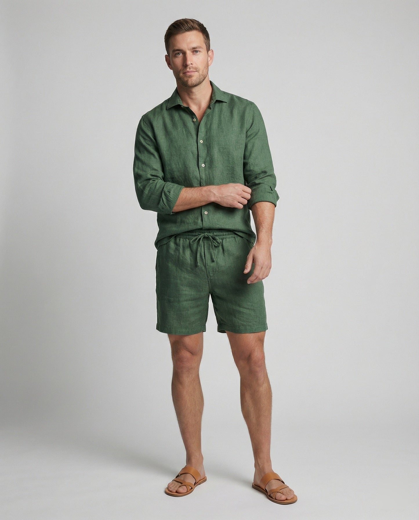 Herren Leinen Zweiteiler Hemd Shorts Set