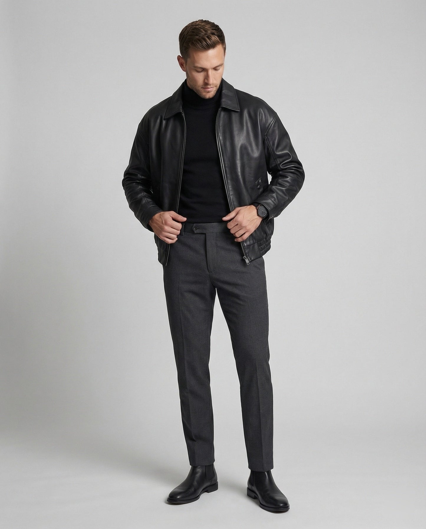 Herren Lederjacke Blouson Minimalistisch