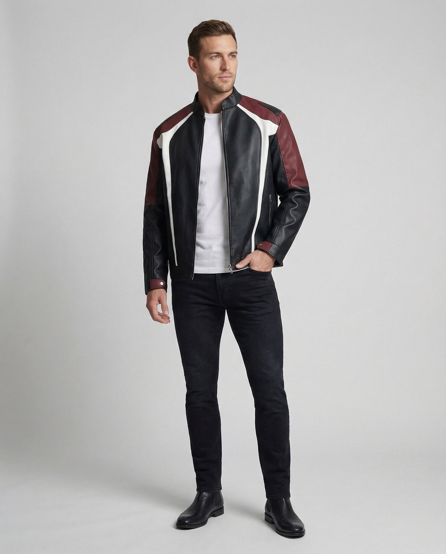 Herren Lederjacke Stehkragen Panel Design