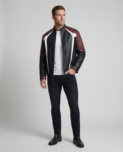 Herren Lederjacke Stehkragen Panel Design
