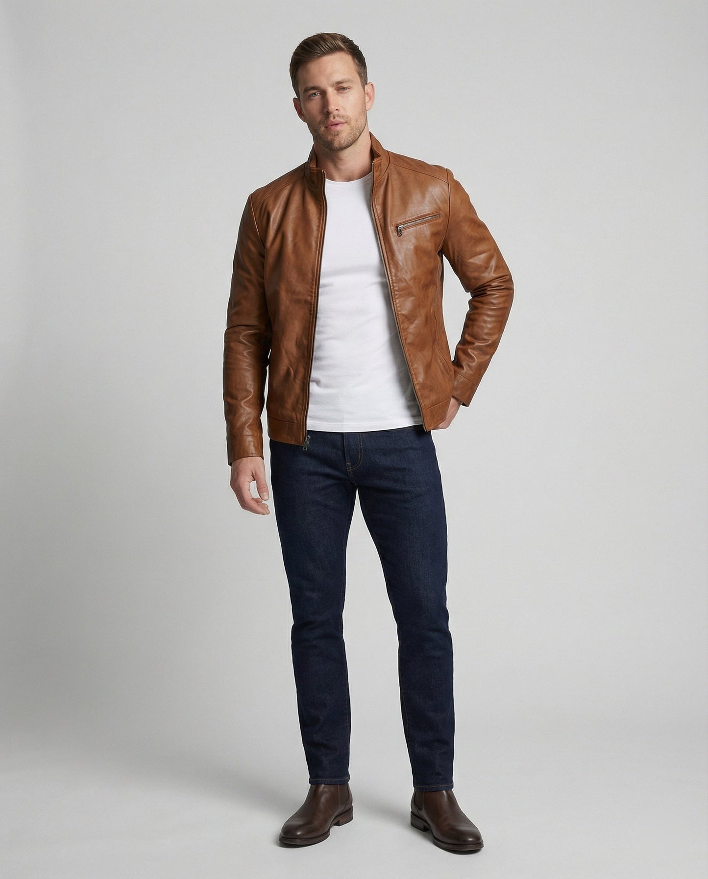 Herren Kunstlederjacke Stehkragen Modern