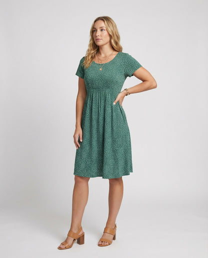 Damen Midikleid Grünes Punktmuster Kurzärmelig - Eveloria