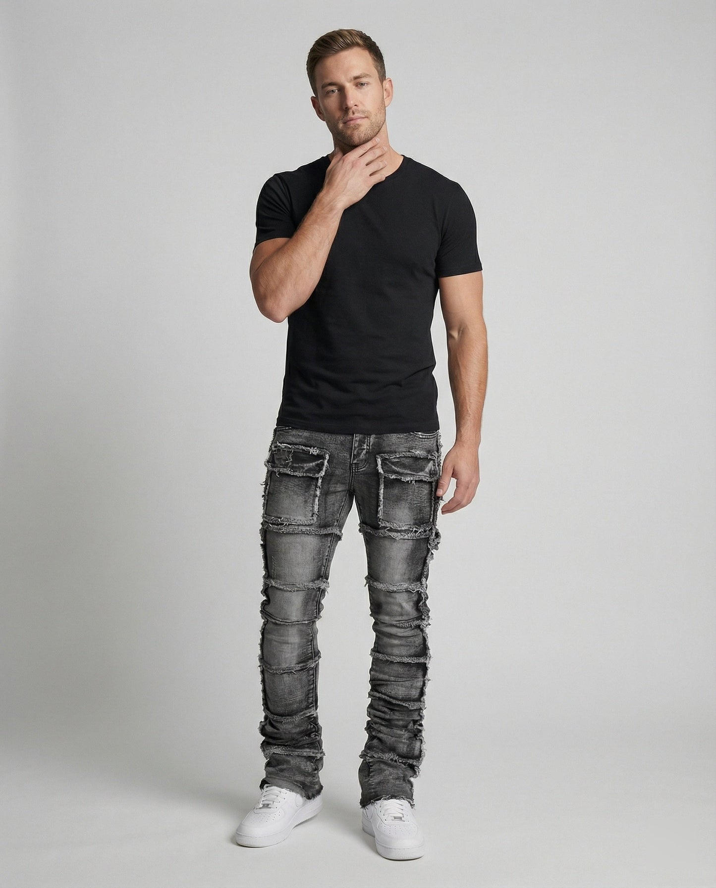 Herren Slim Fit Jeans Cargotaschen Darkblue